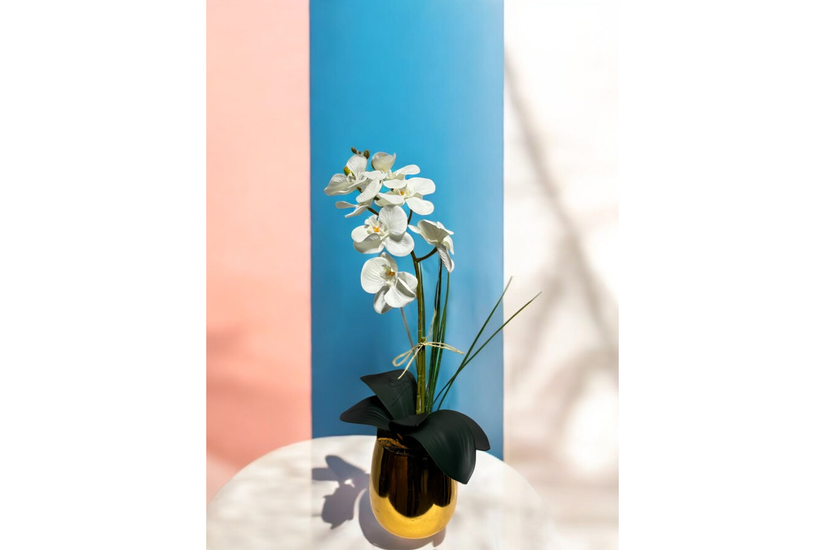 Gold Saksıda Dekoratif 2'li Beyaz Yapay Orkide